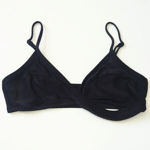 Aerie Shine Rib Knit Twist Scoop Bikini Top Black Large